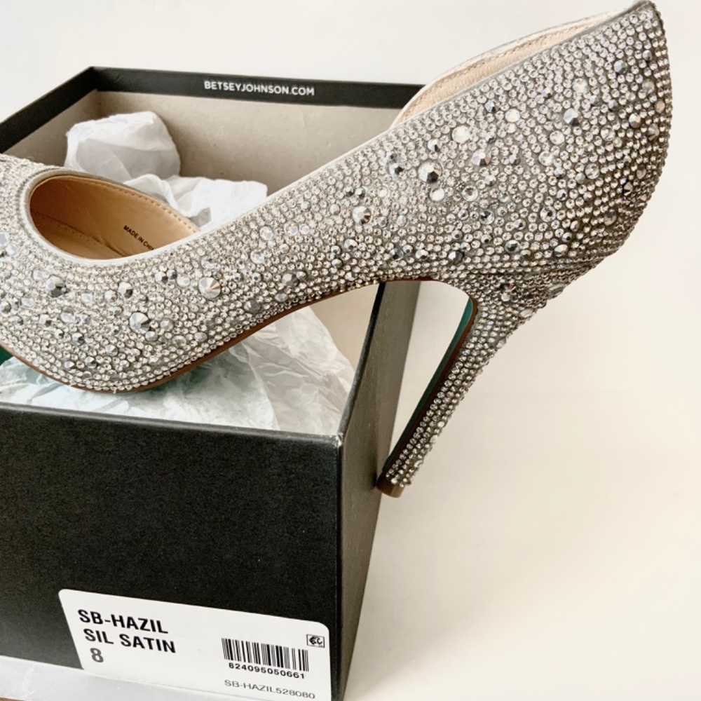 Betsey Johnson Hazil Silver Dress Pumps Stiletto Heels Crystal Evening Shoes 8 - Picture 4 of 13